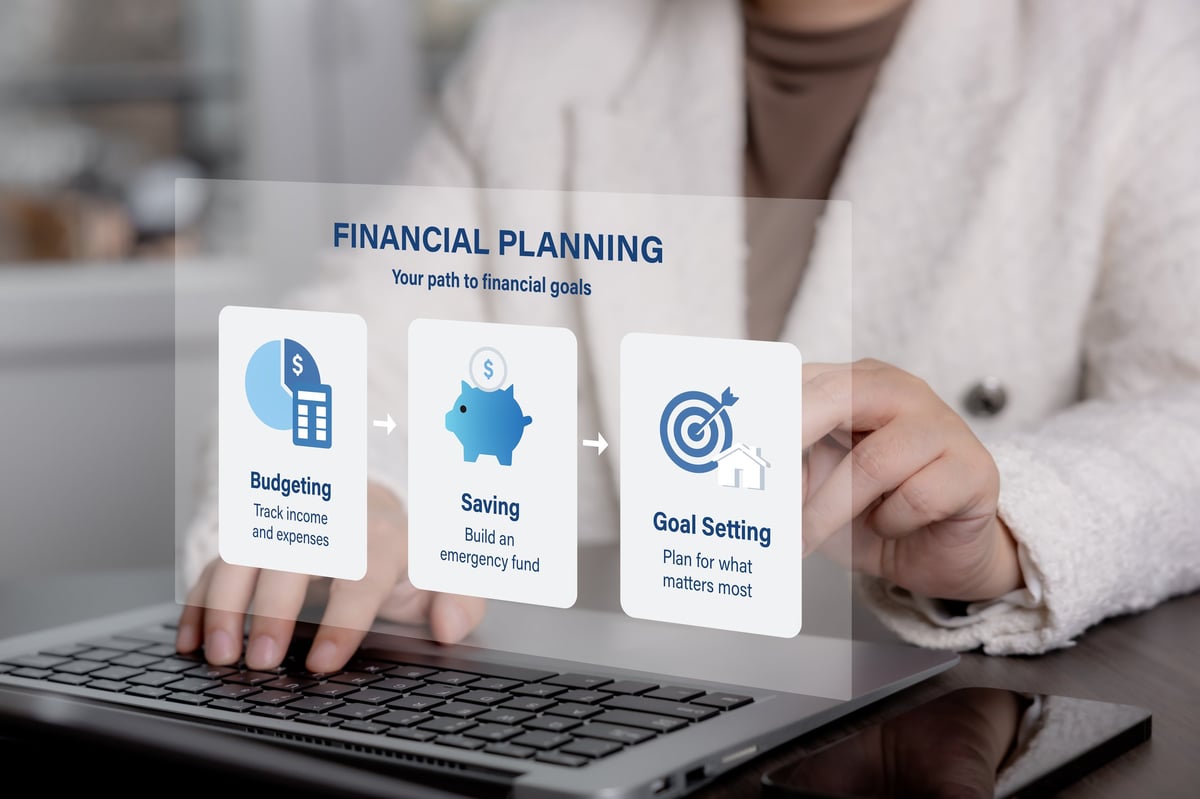 Person using a laptop showing a financial planning interface with budgeting and savings goals